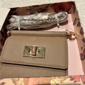Anne Klein Taupe Mini Crossbody Wallet with Gold Hardware